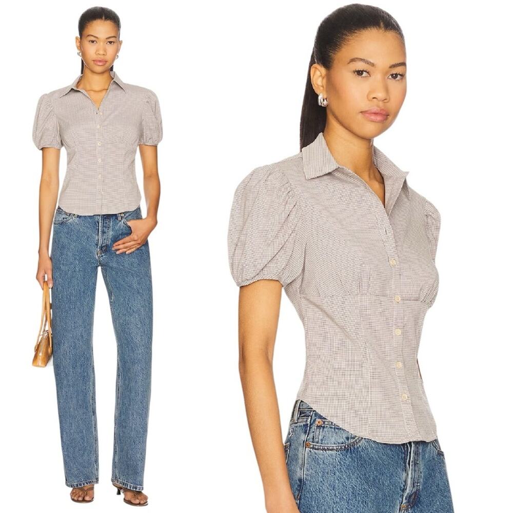Lioness Mon Cheri Blouse Beige Gingham Puff Sleeve Button Top Size Medium NWT